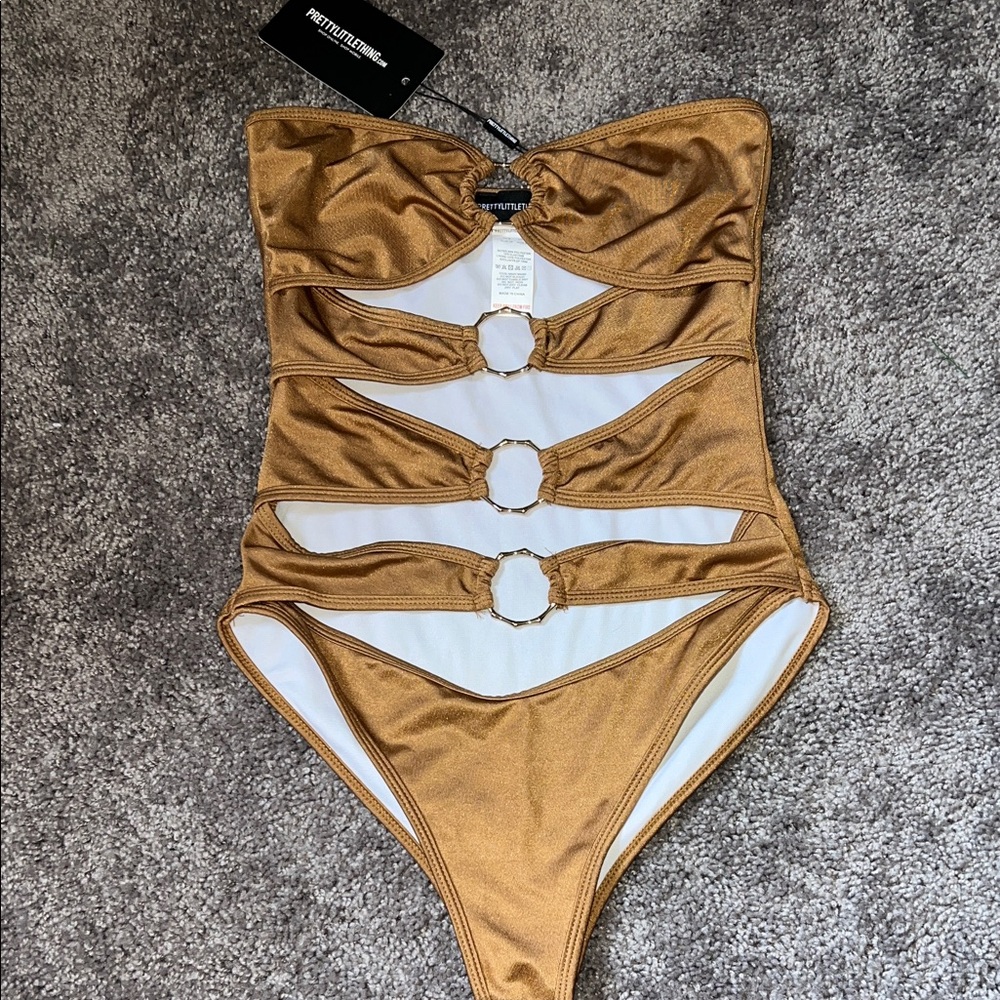 NEW PrettyLittleThing Metallic Bronze Strapless Swimsuit